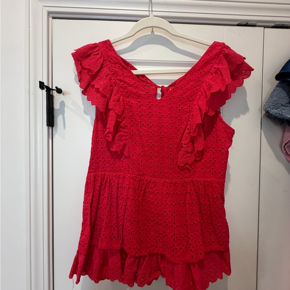 Red Eyelet Ruffle Top - Size Large